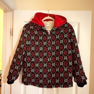 Gucci GG Logo Quilted Red & Black Zip Hooded Jacket